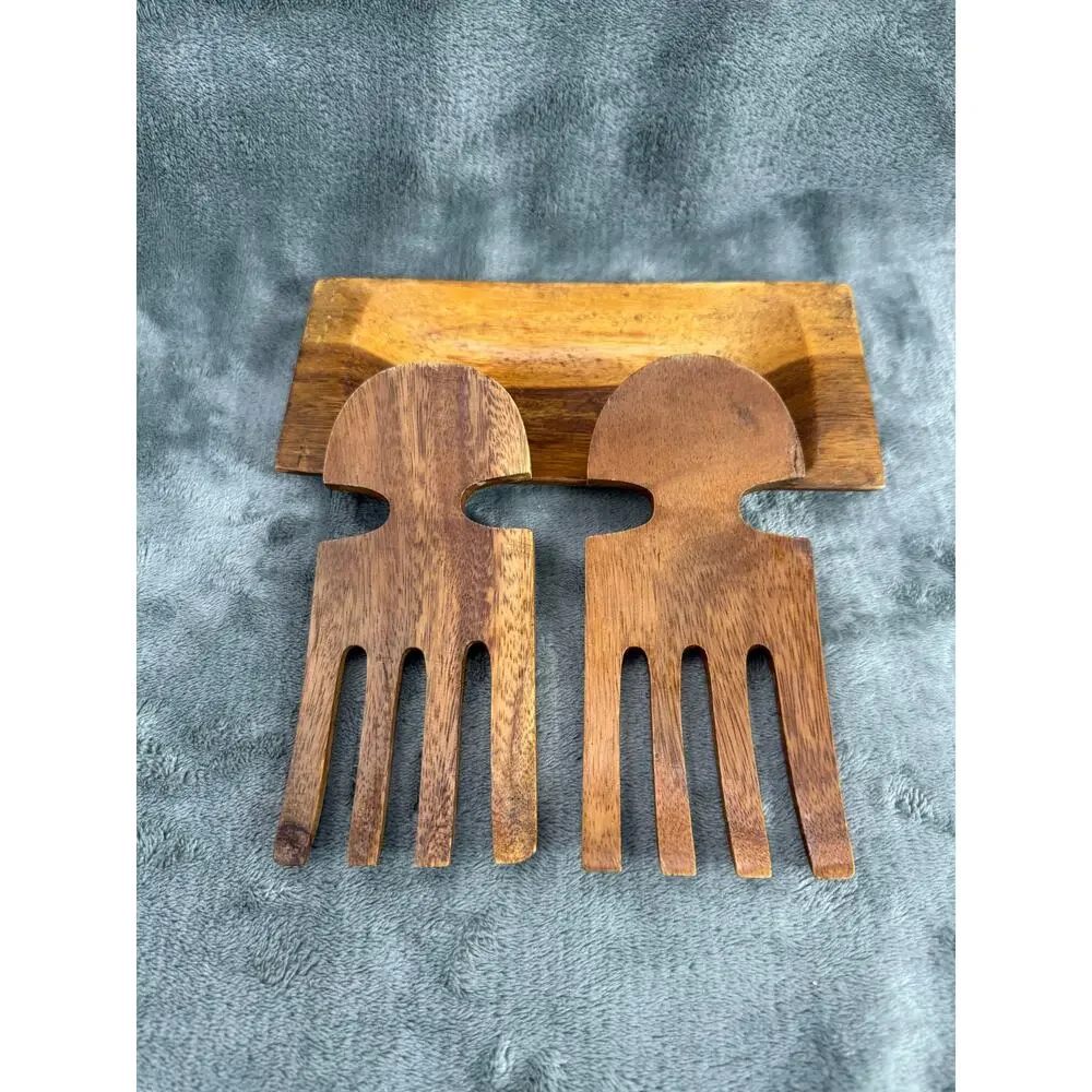 Signed Monkey Pod Wood Salad Hands Serving Set Tray 3pc Folk Art Carved 1960s